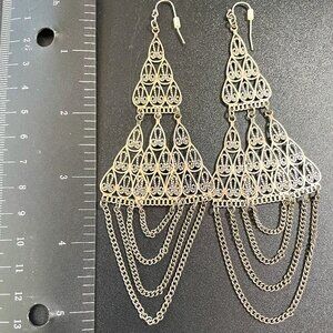 Silver Metal Chandelier Earrings with Draping Chains for Pierced Ears